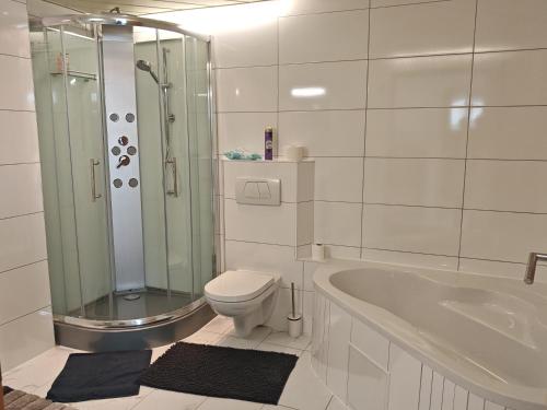 Badezimmer mit Badewanne, Dusche und Toilette